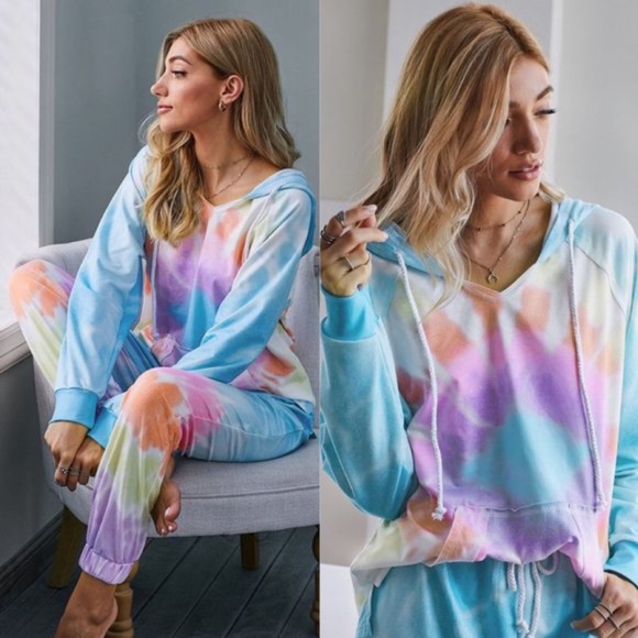 Boho pink blue watercolor tie dye jogger lounge set - Picture 3 of 3